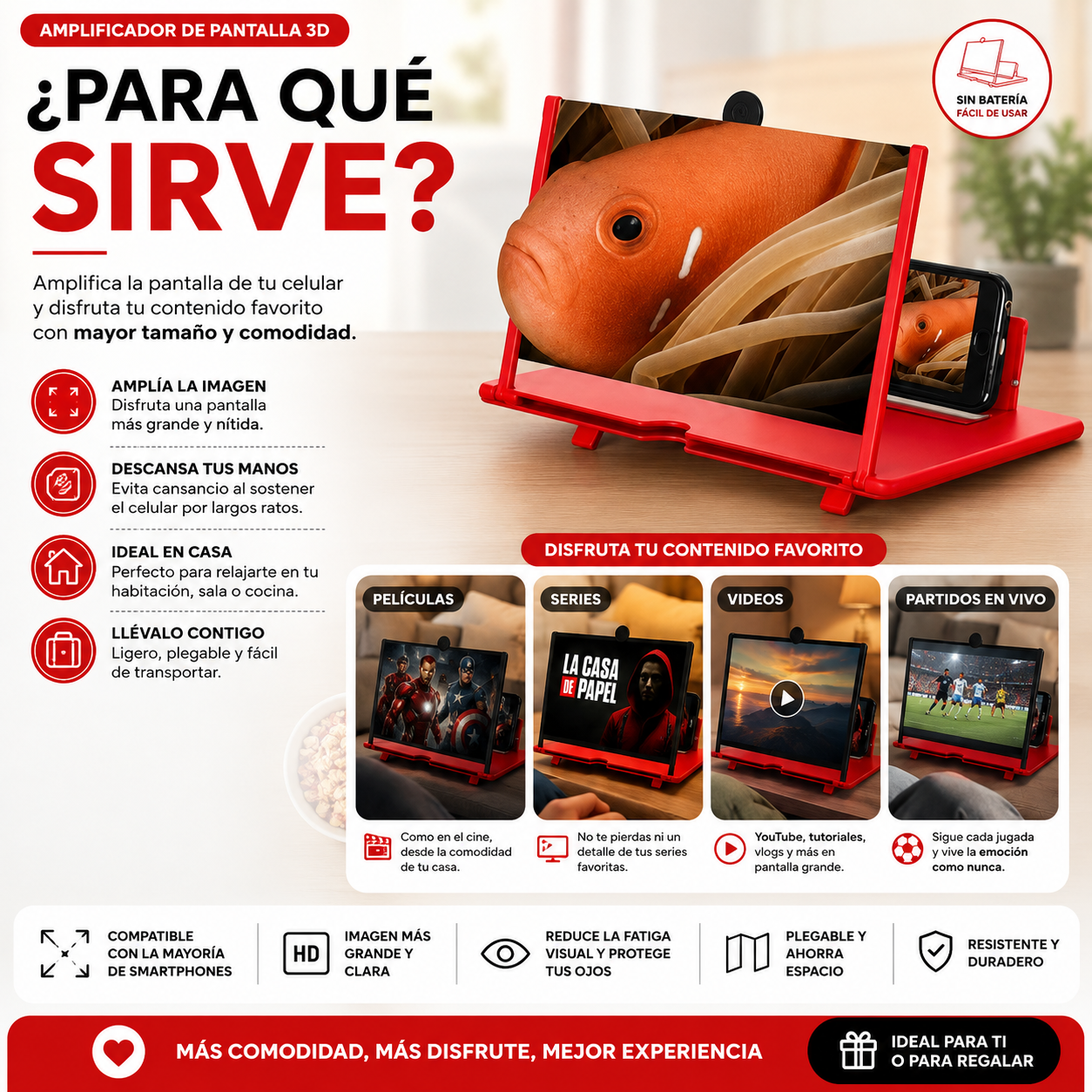 Lupa Amplificadora 3D para Celular – Pantalla HD de Lectura y Videos para Niños y Adultos Mayores